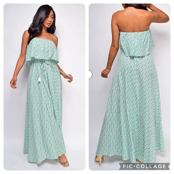 Boho green ditsy floral print strapless cotton a line Maxi dress - Picture 1 of 12